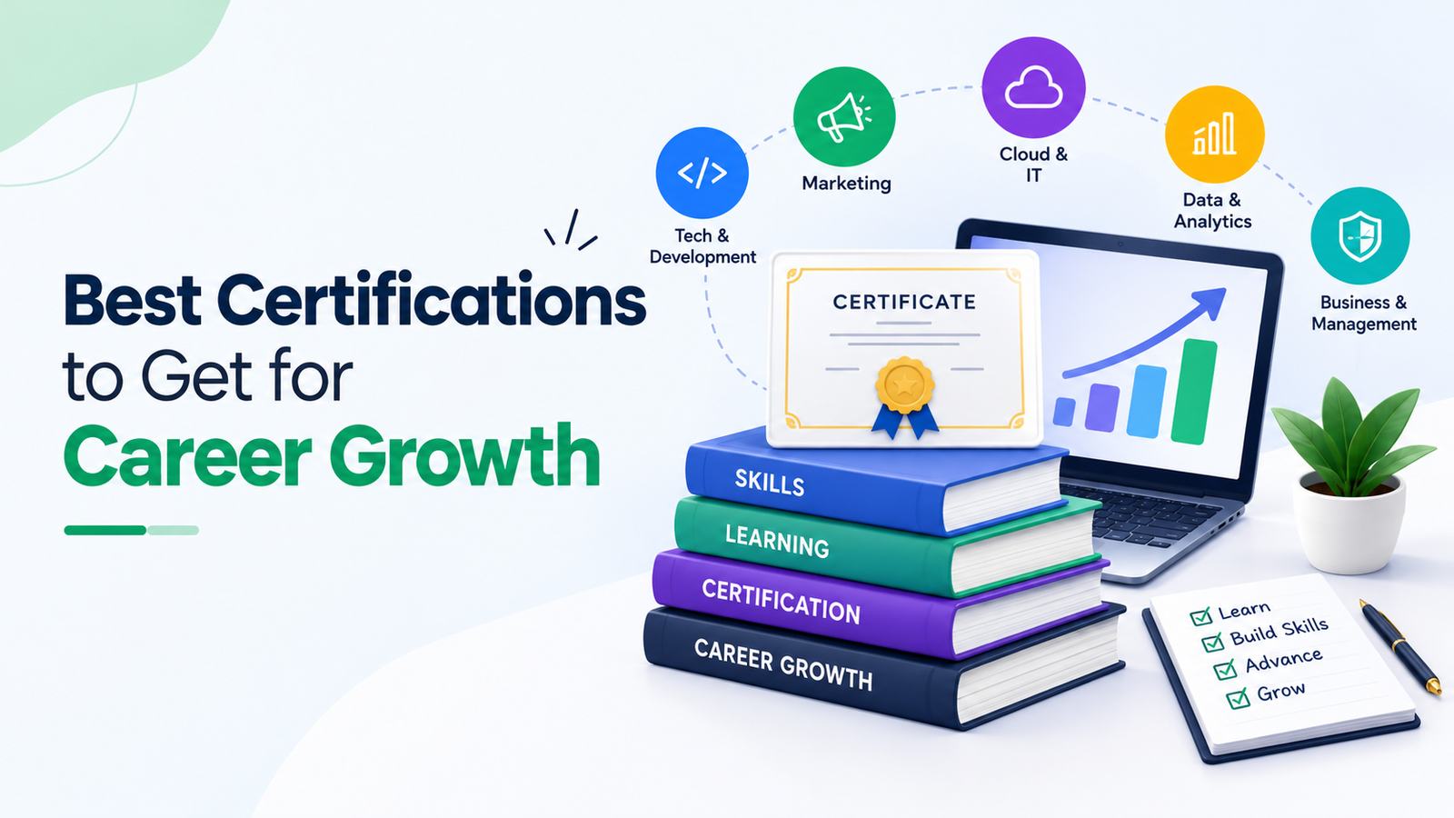 Best certifications to get for career growth, featuring a certificate, laptop with growth chart, skills books, and career development icons.