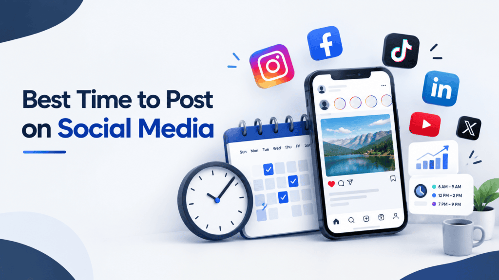 Best time to post on social media with a smartphone, social media icons, calendar, clock, notifications, and analytics graphic.