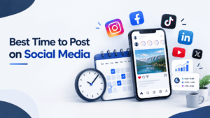 Best time to post on social media with a smartphone, social media icons, calendar, clock, notifications, and analytics graphic.