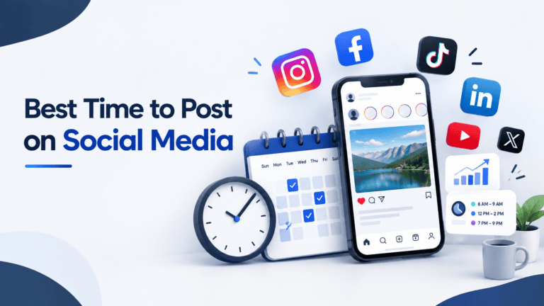 Best time to post on social media with a smartphone, social media icons, calendar, clock, notifications, and analytics graphic.