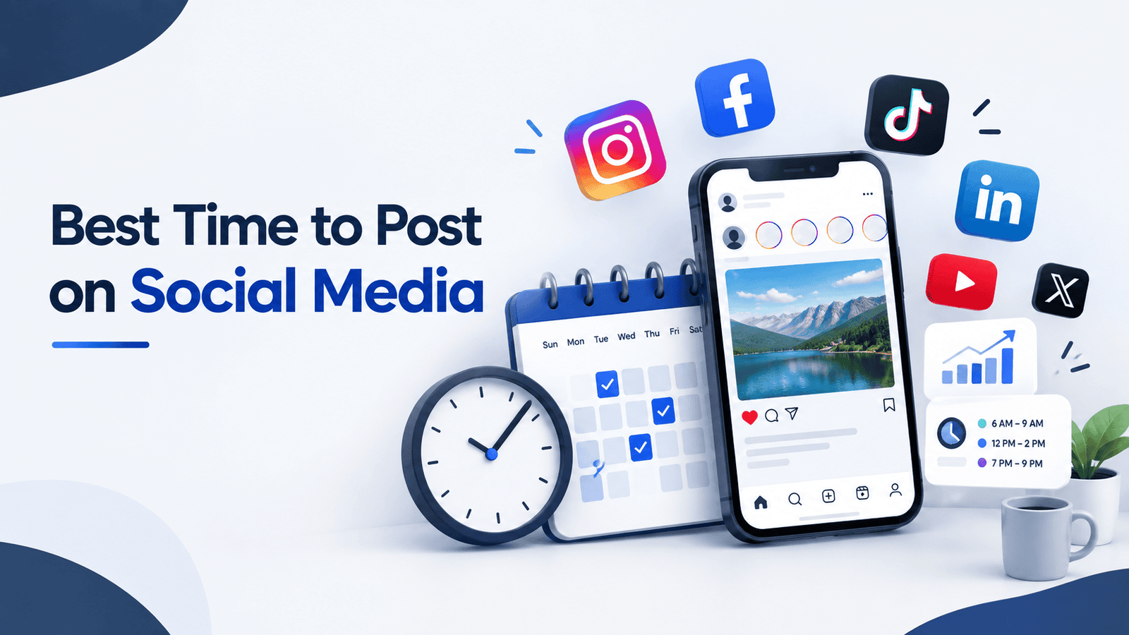 Best time to post on social media with a smartphone, social media icons, calendar, clock, notifications, and analytics graphic.
