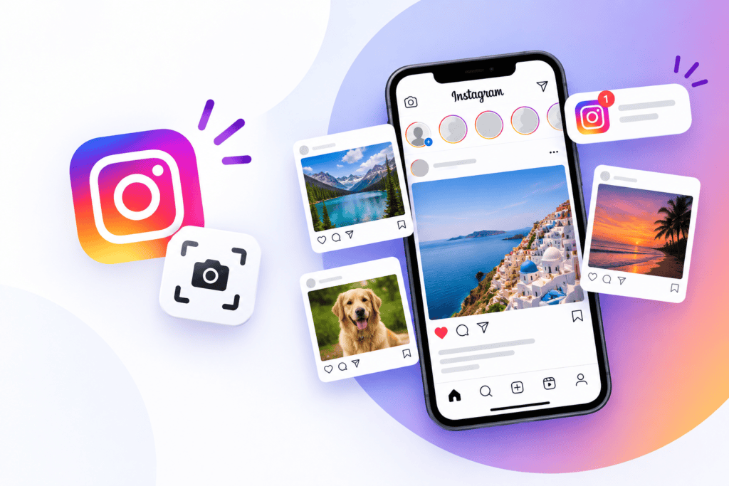 Instagram screenshot notifications concept with a smartphone, Instagram feed, screenshot icon, and floating social media post previews.