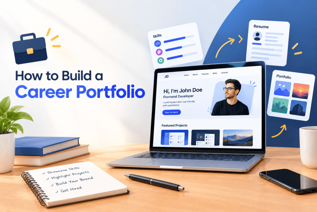 Career portfolio concept with a laptop displaying a developer portfolio website, resume and skills cards, project previews, and workspace accessories.