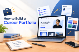 Career portfolio concept with a laptop displaying a developer portfolio website, resume and skills cards, project previews, and workspace accessories.