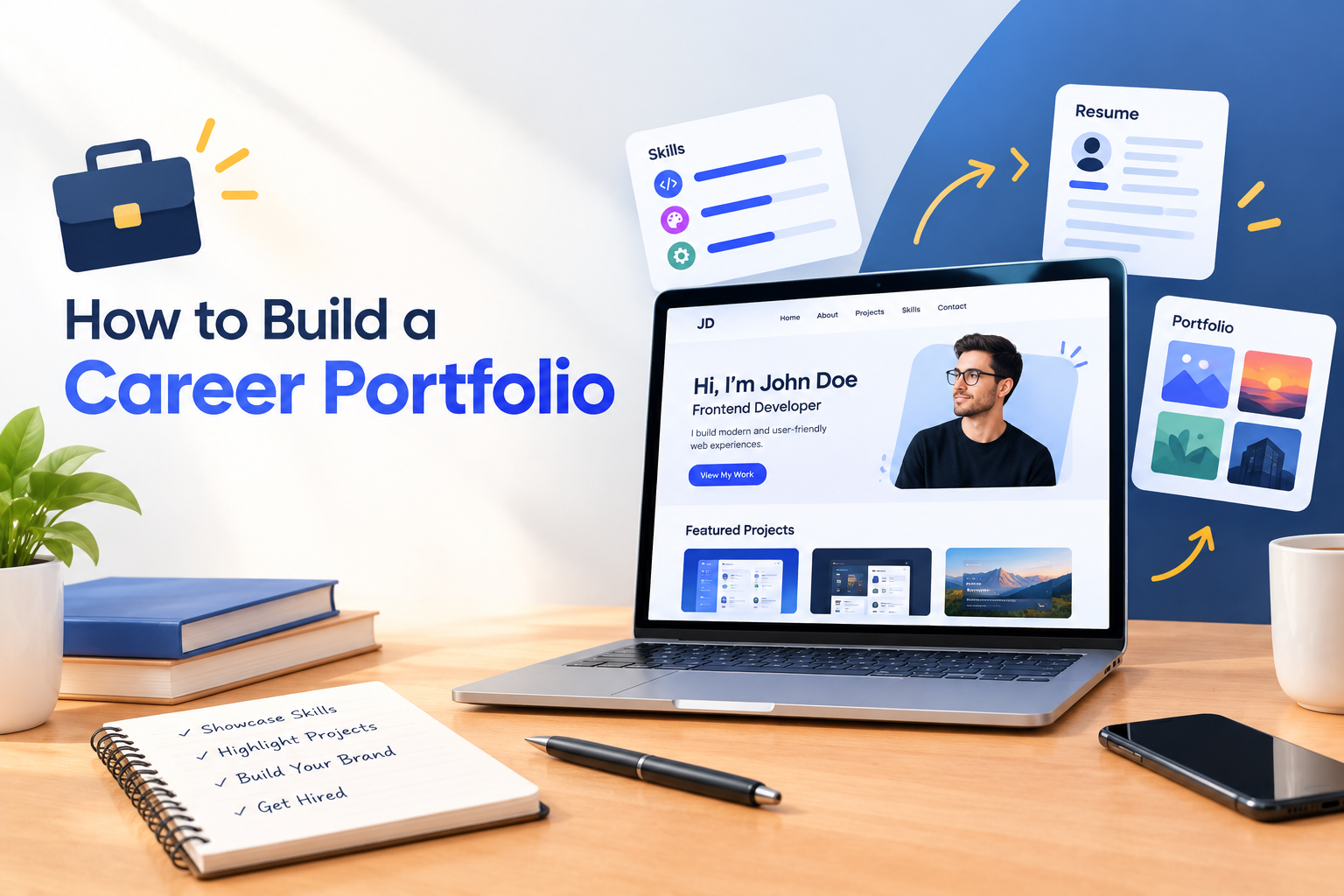Career portfolio concept with a laptop displaying a developer portfolio website, resume and skills cards, project previews, and workspace accessories.