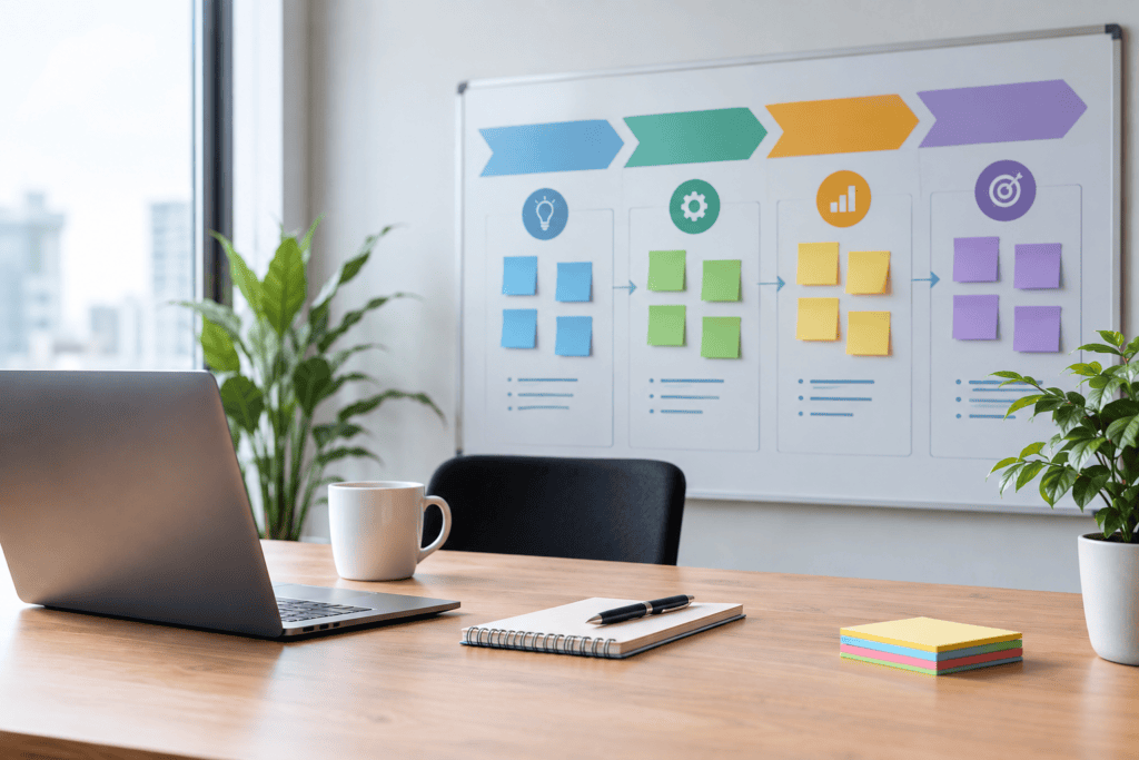Realistic office workspace with a laptop, notebook, coffee mug, and roadmap planning board with colorful stages and sticky notes.